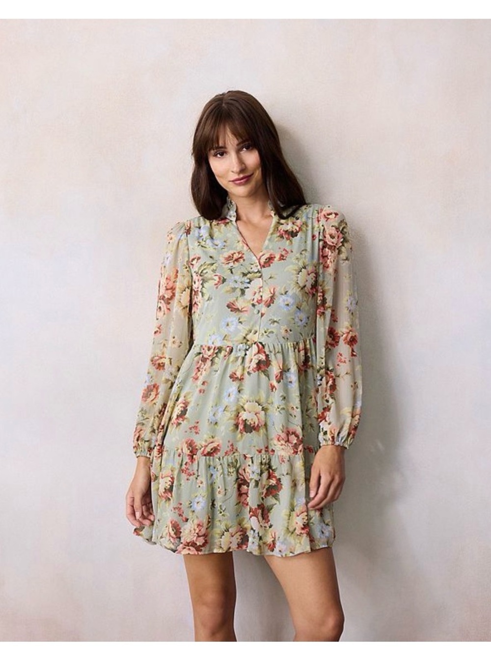 LC Lauren Conrad Sage Floral Babydoll Tiered Shirtdress